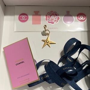 CHANEL Gold Star Charm, Navy Ribbon, sample perfume, stickers and box. C photos